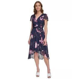 New DKNY Womens Size 8 Navy Floral Flutter-Sleeve Faux-Wrap Midi Dress $129